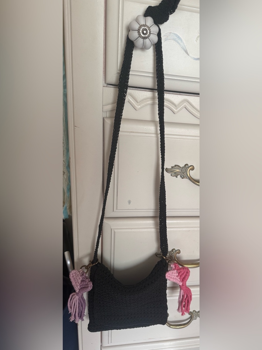 Black Crochet Crossbody Bag with Pink & Lavender Tassels